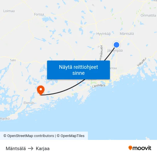 Mäntsälä to Karjaa map