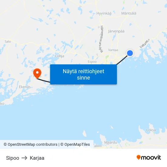 Sipoo to Karjaa map