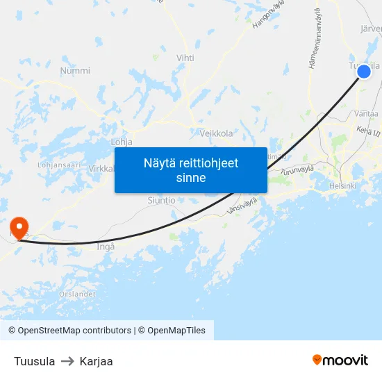 Tuusula to Karjaa map