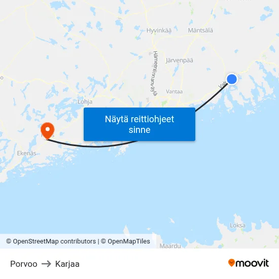 Porvoo to Karjaa map