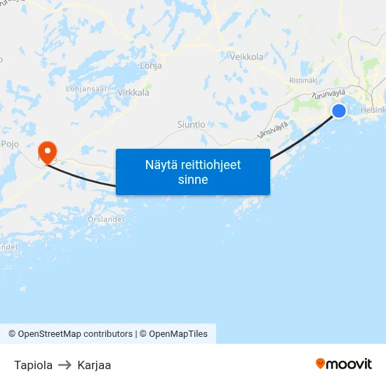Tapiola to Karjaa map