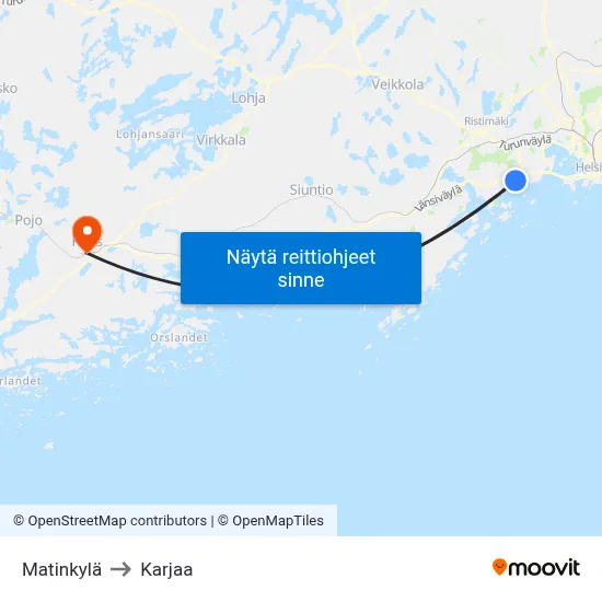 Matinkylä to Karjaa map