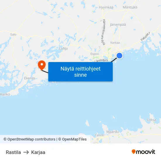 Rastila to Karjaa map