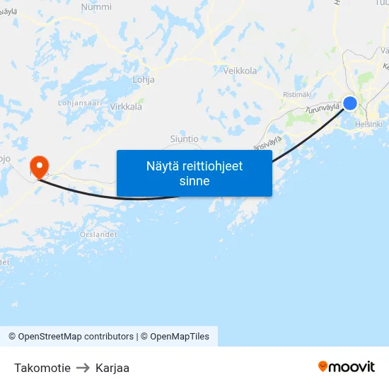 Takomotie to Karjaa map