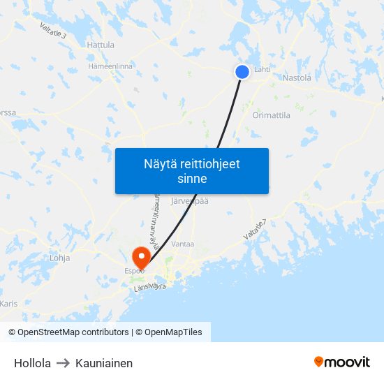 Hollola to Kauniainen map