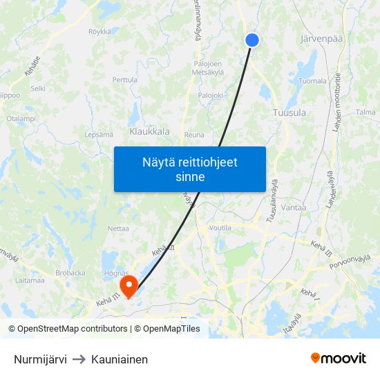 Nurmijärvi to Kauniainen map