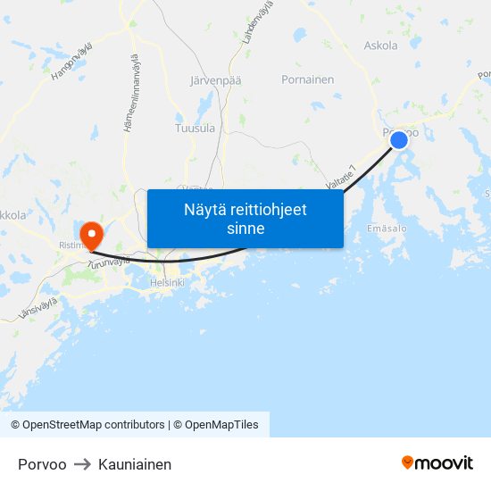 Porvoo to Kauniainen map