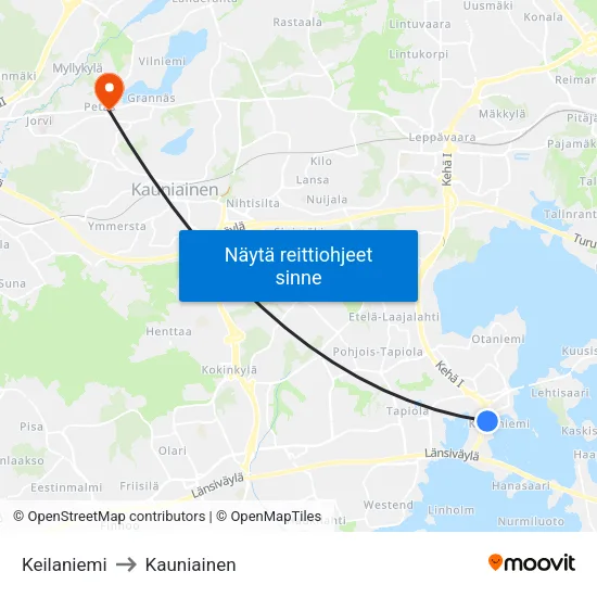 Keilaniemi to Kauniainen map