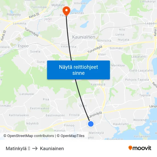Matinkylä 🛍️ to Kauniainen map
