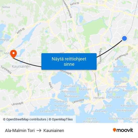 Ala-Malmin Tori to Kauniainen map
