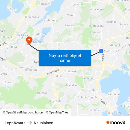 Leppävaara to Kauniainen map