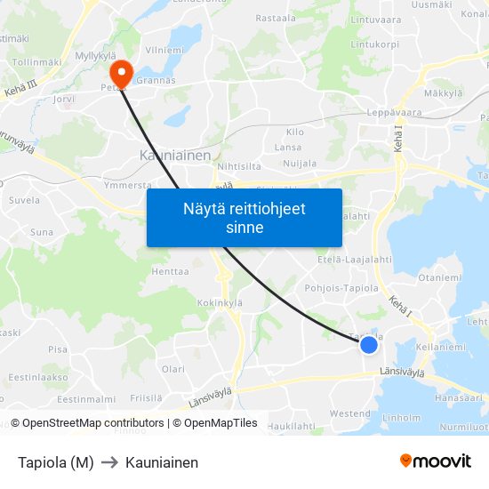 Tapiola (M) to Kauniainen map