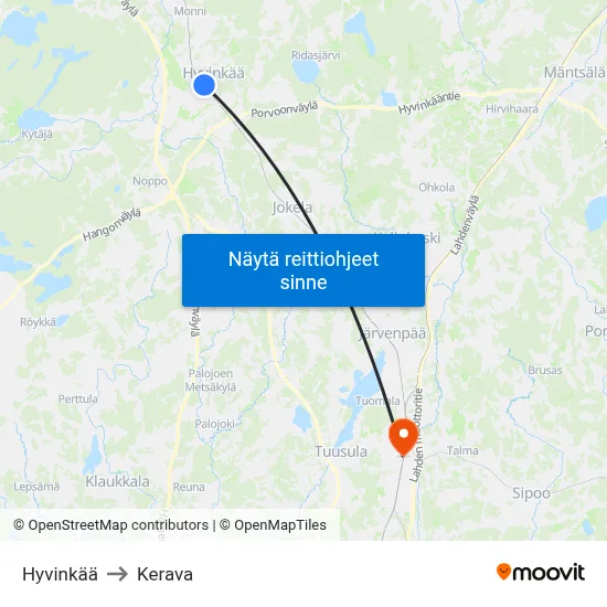 Hyvinkää to Kerava map