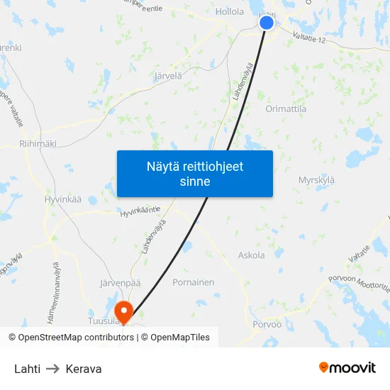 Lahti to Kerava map
