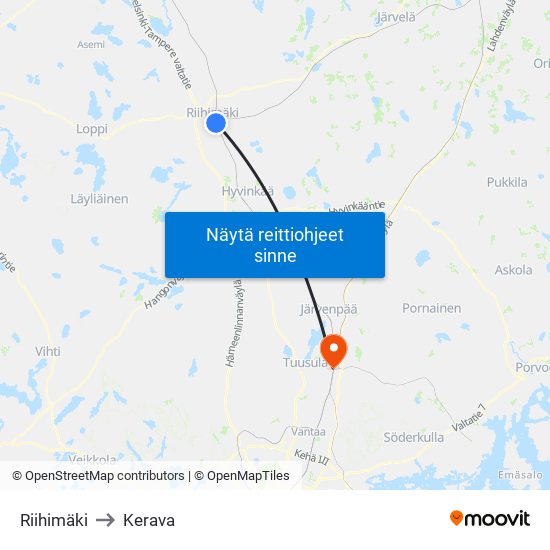 Riihimäki to Kerava map