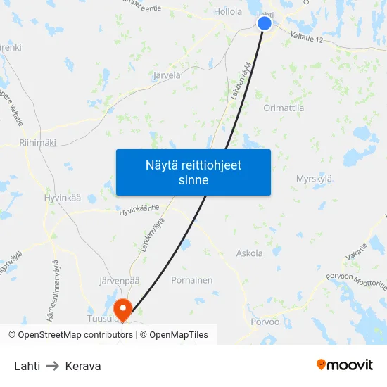 Lahti to Kerava map