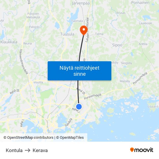 Kontula to Kerava map
