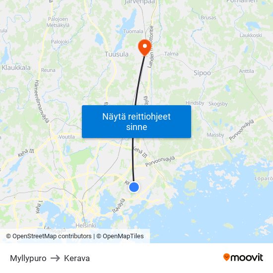 Myllypuro to Kerava map
