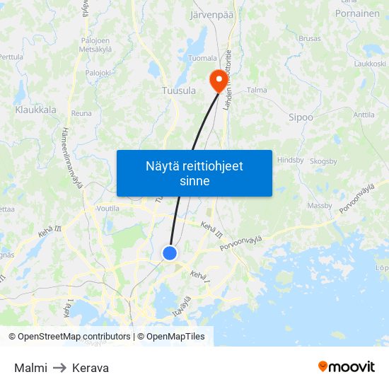 Malmi to Kerava map