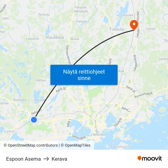 Espoon Asema to Kerava map