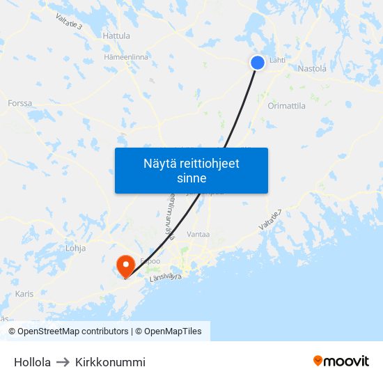 Hollola to Kirkkonummi map
