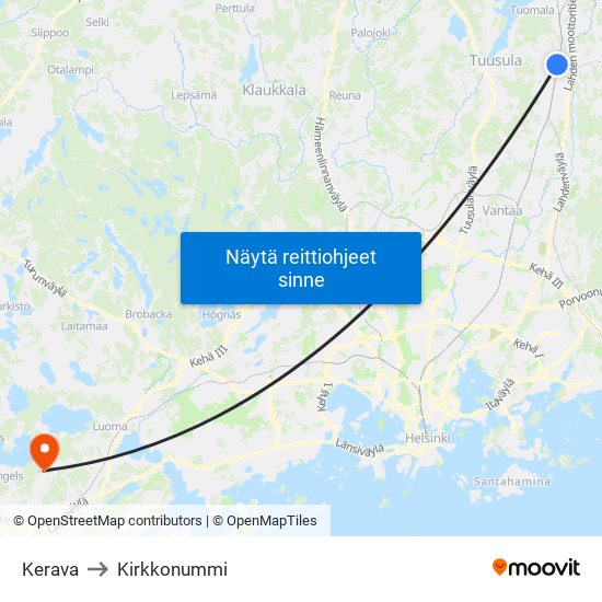 Kerava to Kirkkonummi map