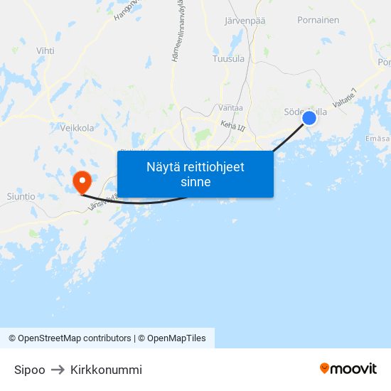 Sipoo to Kirkkonummi map