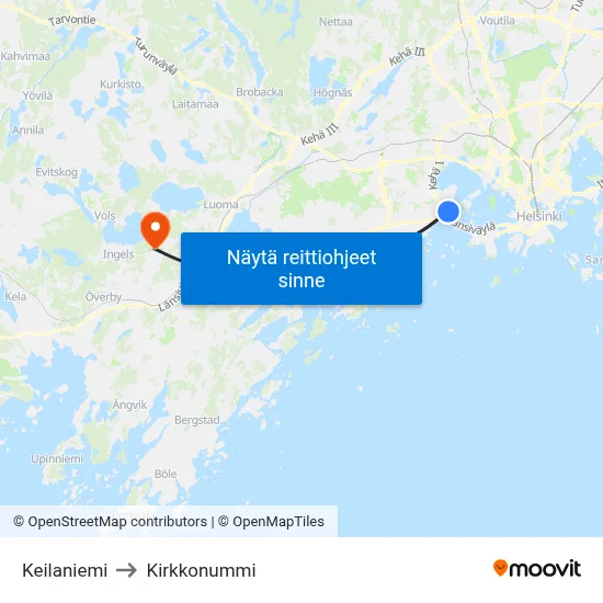 Keilaniemi to Kirkkonummi map