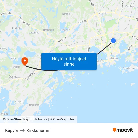 Käpylä to Kirkkonummi map