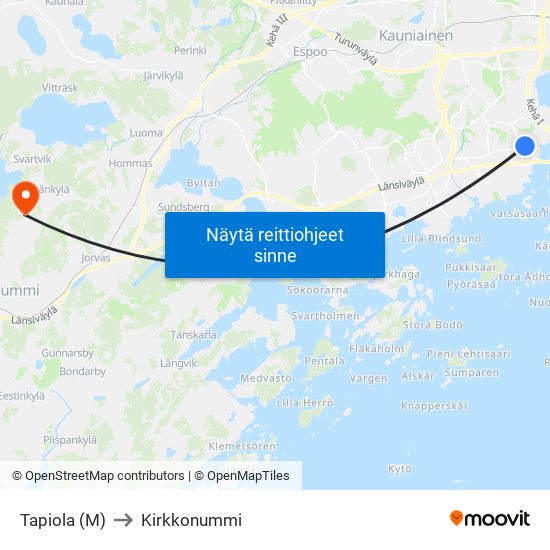 Tapiola (M) to Kirkkonummi map