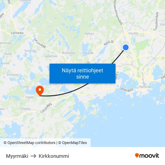 Myyrmäki to Kirkkonummi map