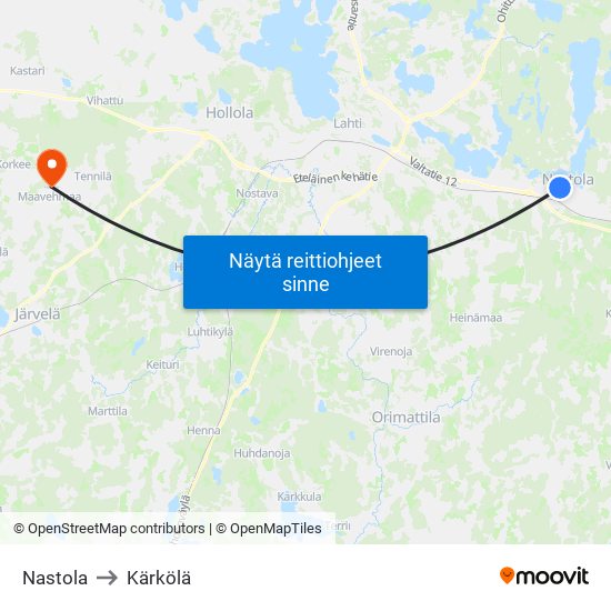 Nastola to Kärkölä map