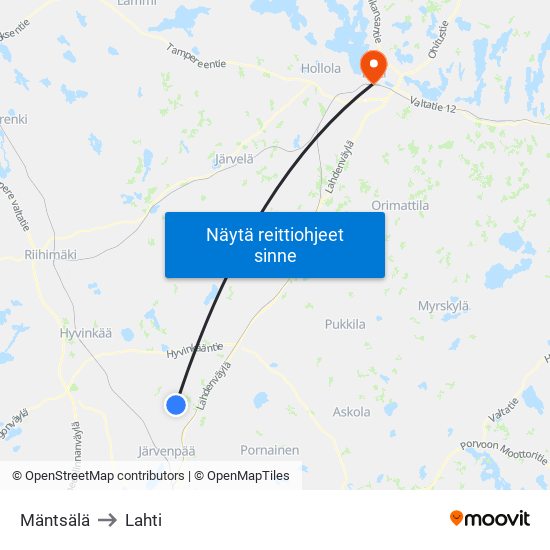 Mäntsälä to Lahti map