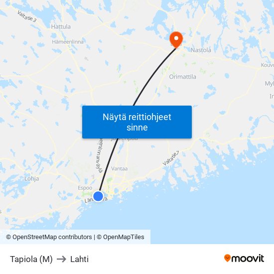 Tapiola (M) to Lahti map