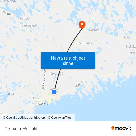 Tikkurila to Lahti map