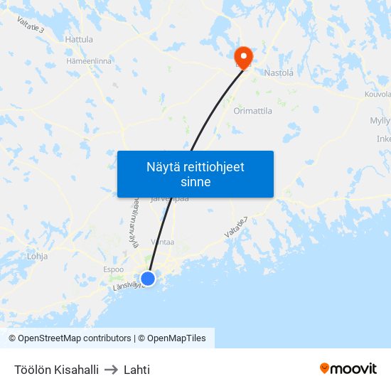 Töölön Kisahalli to Lahti map