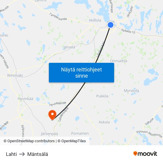Lahti to Mäntsälä map