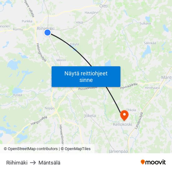 Riihimäki to Mäntsälä map