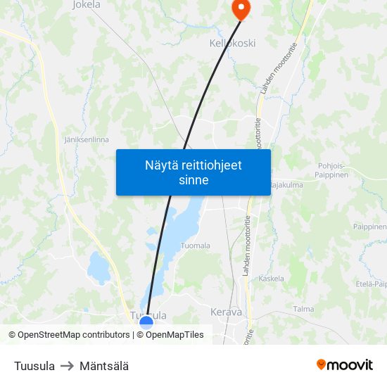 Tuusula to Mäntsälä map