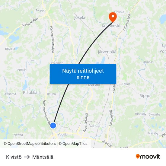 Kivistö to Mäntsälä map