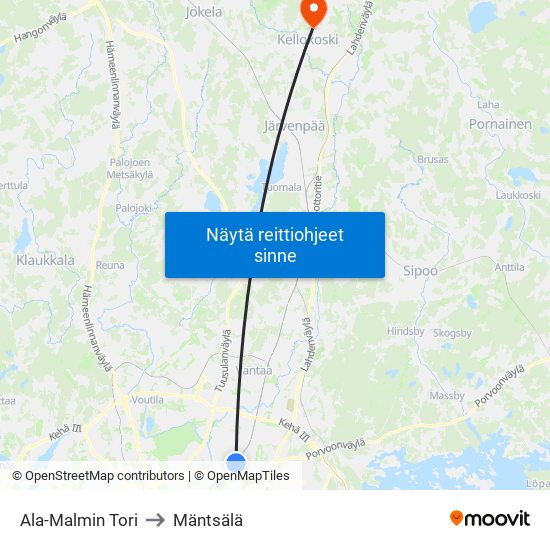 Ala-Malmin Tori to Mäntsälä map