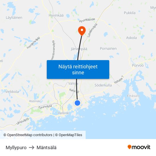 Myllypuro to Mäntsälä map