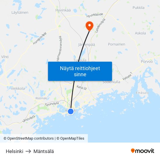 Helsinki to Mäntsälä map