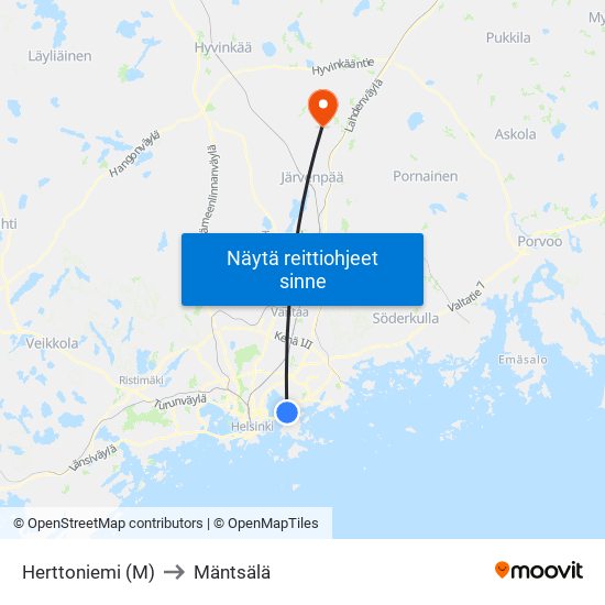 Herttoniemi (M) to Mäntsälä map