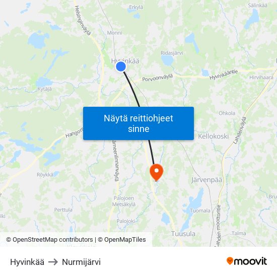 Hyvinkää to Nurmijärvi map