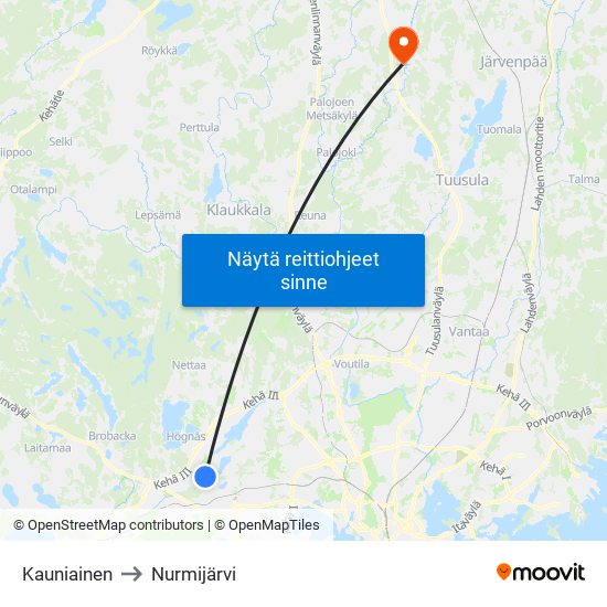 Kauniainen to Nurmijärvi map