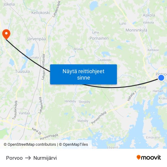 Porvoo to Nurmijärvi map