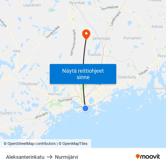 Aleksanterinkatu to Nurmijärvi map