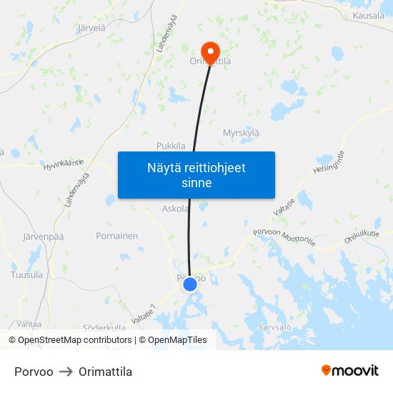 Porvoo to Orimattila map