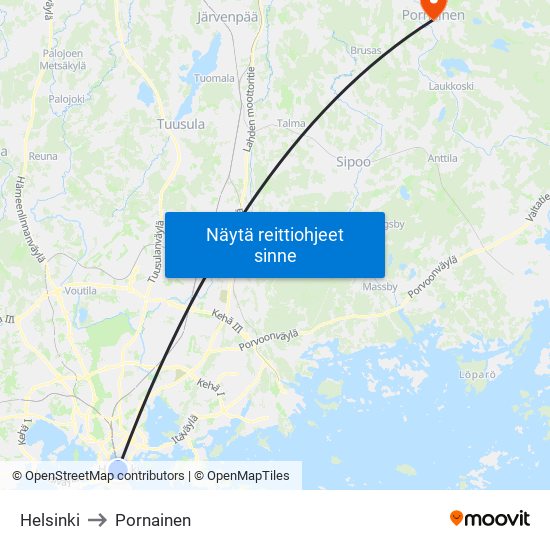 Helsinki to Pornainen map